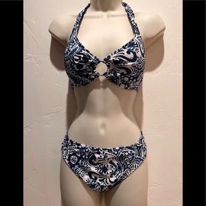 Lauren, RL, navy/white bikini with ruched detail at hips. Ample coverage bottom